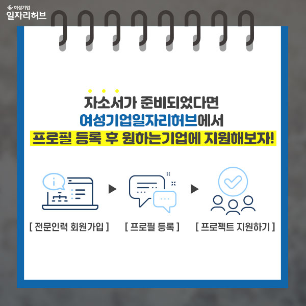 자소서가 준비되었다면 여성기업일자리허브에서 프로필 등록 후 원하는 기업에 지원해보자