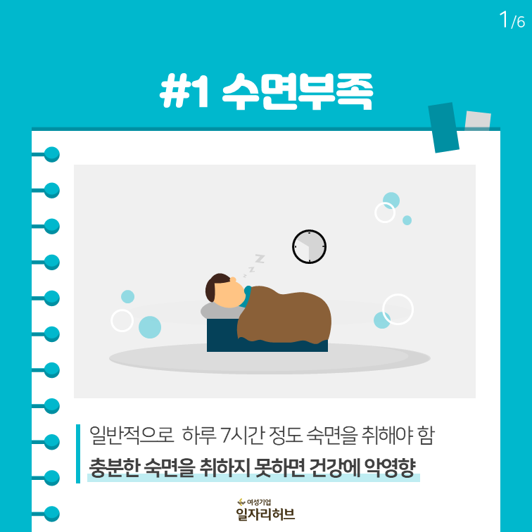 #1 수면부족 일반적으로 하루 7시간 정도 숙면을 취해야 함. 충분한 숙면을 취하지 못하면 건강에 악영향