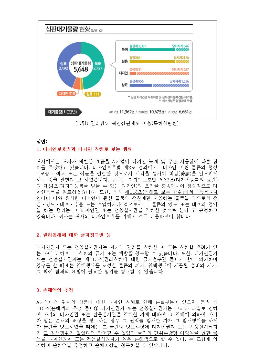 1. 디자인보호법과 디자인 침해로 보는 행위 귀사에서는 귀사가 개발한 제품을 A기업이 디자인 복제 및 무단 사용함에 따른 침해를 주장하고 있습니다. 디자인보호법 제2조 정의에서 `디자인`이란 물품의 형상 ․ 모양 ․ 색채 또는 이들을 결합한 것으로서 시각을 통하여 미감(美感)을 일으키게 하는 것을 말한다`고 하였습니다. 귀사는 디자인보호법 제33조(디자인등록의 요건)과 제34조(디자인등록을 받을 수 없는 디자인)의 조건을 충족하시어 정상적으로 디자인등록을 완료하셨습니다. 또한, 동법 제114조(침해로 보는 행위)에서 `등록디자인이나 이와 유사한 디자인에 관한 물품의 생산에만 사용하는 물품을 업으로서 생산ㆍ양도ㆍ대여ㆍ수출 또는 수입하거나 업으로서 그 물품의 양도 또는 대여의 청약을 하는 행위는 그 디자인권 또는 전용실시권을 침해한 것으로 본다`고 규정하고 있습니다. 귀사는 귀사의 디자인보호를 위해서 적극 대응하셔야 합니다. 2. 권리침해에 대한 금지청구권 등 디자인권자 또는 전용실시권자는 자기의 권리를 침해한 자 또는 침해할 우려가 있는 자에 대하여 그 침해의 금지 또는 예방을 청구할 수 있습니다. 또한, 디자인권자 또는 전용실시권자는 제113조(권리침해에 대한 금지청구권 등) 제1항에 의거하여 청구를 할 때에는 침해행위를 조성한 물품의 폐기, 침해행위에 제공된 설비의 제거, 그 밖에 침해의 예방에 필요한 행위를 청구할 수 있습니다. 3. 손해액의 추정 A기업에서 귀사의 상품에 대한 디자인 침해로 인해 손실부분이 있으면, 동법 제115조(손해액의 추정 등) ① 디자인권자 또는 전용실시권자는 고의나 과실로 인하여 자기의 디자인권 또는 전용실시권을 침해한 자에 대하여 그 침해에 의하여 자기가 입은 손해의 배상을 청구하는 경우 그 권리를 침해한 자가 그 침해행위를 하게 한 물건을 양도하였을 때에는 그 물건의 양도수량에 디자인권자 또는 전용실시권자가 그 침해행위가 없었다면 판매할 수 있었던 물건의 단위수량당 이익액을 곱한 금액을 디자인권자 또는 전용실시권자가 입은 손해액으로 할 수 있다.`는 조항에 의거하여 손해액을 추정하고 손해배상을 청구하실 수 있습니다. 