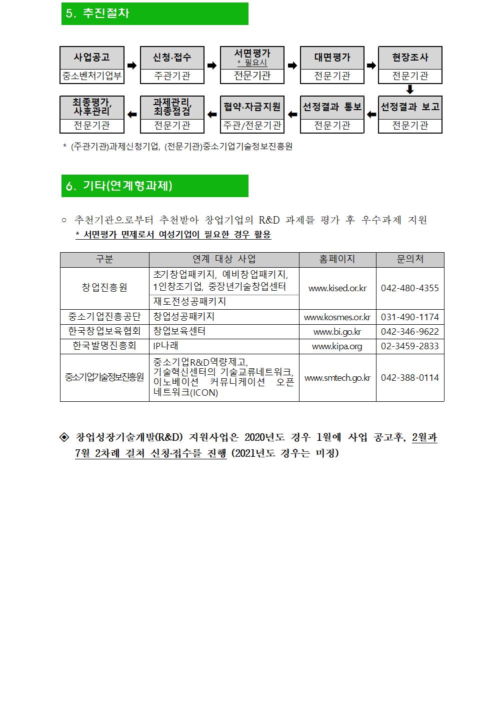  5. 추진절차 사업공고 ➡ 신청∙접수 ➡ 서면평가 * 필요시 ➡ 대면평가 ➡ 현장조사 중소벤처기업부 주관기관 전문기관 전문기관 전문기관 󰀻 최종평가, 사후관리 󰀹 과제관리, 최종점검 󰀹 협약∙자금지원 󰀹 선정결과 통보 󰀹 선정결과 보고 전문기관 전문기관 주관/전문기관 전문기관 전문기관 * (주관기관)과제신청기업, (전문기관)중소기업기술정보진흥원 6. 기타(연계형과제) ◦ 추천기관으로부터 추천받아 창업기업의 R&D 과제를 평가 후 우수과제 지원 * 서면평가 면제로서 여성기업이 필요한 경우 활용 구분 연계 대상 사업 홈페이지 문의처 창업진흥원 초기창업패키지, 예비창업패키지, 1인창조기업, 중장년기술창업센터 www.kised.or.kr 042-480-4355 재도전성공패키지 중소기업진흥공단 창업성공패키지 www.kosmes.or.kr 031-490-1174 한국창업보육협회 창업보육센터 www.bi.go.kr 042-346-9622 한국발명진흥회 IP나래 www.kipa.org 02-3459-2833 중소기업기술정보진흥원 중소기업R&D역량제고, 기술혁신센터의 기술교류네트워크, 이노베이션 커뮤니케이션 오픈 네트워크(ICON) www.smtech.go.kr 042-388-0114 ◈ 창업성장기술개발(R&D) 지원사업은 2020년도 경우 1월에 사업 공고후, 2월과 7월 2차례 걸쳐 신청․접수를 진행 (2021년도 경우는 미정)