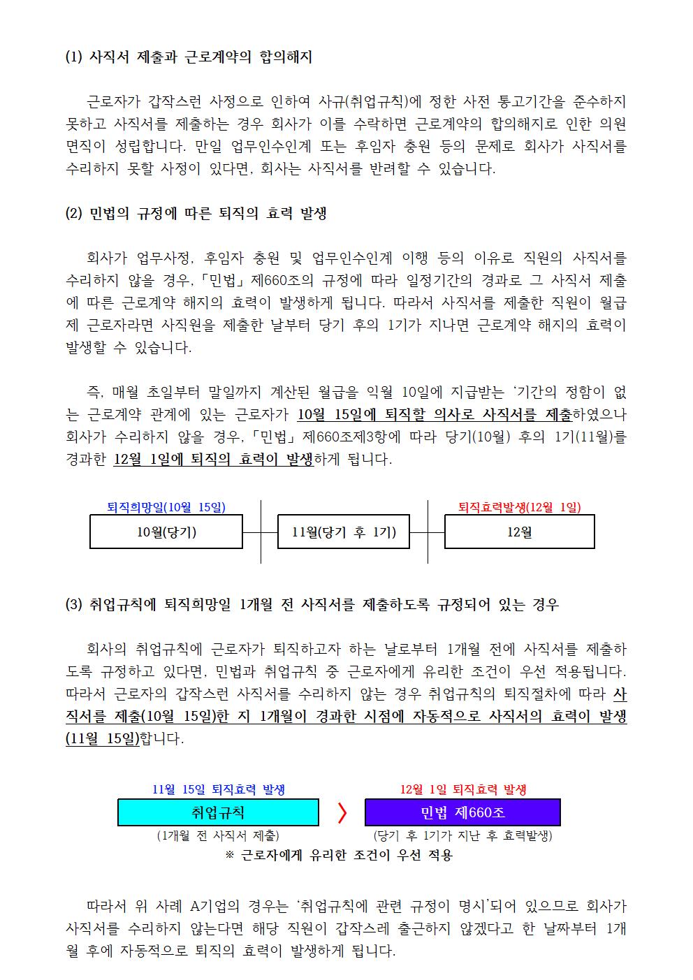  (1) 사직서 제출과 근로계약의 합의해지 근로자가 갑작스런 사정으로 인하여 사규(취업규칙)에 정한 사전 통고기간을 준수하지 못하고 사직서를 제출하는 경우 회사가 이를 수락하면 근로계약의 합의해지로 인한 의원면직이 성립합니다. 만일 업무인수인계 또는 후임자 충원 등의 문제로 회사가 사직서를 수리하지 못할 사정이 있다면, 회사는 사직서를 반려할 수 있습니다. (2) 민법의 규정에 따른 퇴직의 효력 발생 회사가 업무사정, 후임자 충원 및 업무인수인계 이행 등의 이유로 직원의 사직서를 수리하지 않을 경우, 「민법」 제660조의 규정에 따라 일정기간의 경과로 그 사직서 제출에 따른 근로계약 해지의 효력이 발생하게 됩니다. 따라서 사직서를 제출한 직원이 월급제 근로자라면 사직원을 제출한 날부터 당기 후의 1기가 지나면 근로계약 해지의 효력이 발생할 수 있습니다. 즉, 매월 초일부터 말일까지 계산된 월급을 익월 10일에 지급받는 ‘기간의 정함이 없는 근로계약 관계에 있는 근로자가 10월 15일에 퇴직할 의사로 사직서를 제출하였으나 회사가 수리하지 않을 경우, 「민법」 제660조제3항에 따라 당기(10월) 후의 1기(11월)를 경과한 12월 1일에 퇴직의 효력이 발생하게 됩니다. 퇴직희망일(10월 15일) 퇴직효력발생(12월 1일) 10월(당기) 11월(당기 후 1기) 12월 (3) 취업규칙에 퇴직희망일 1개월 전 사직서를 제출하도록 규정되어 있는 경우 회사의 취업규칙에 근로자가 퇴직하고자 하는 날로부터 1개월 전에 사직서를 제출하도록 규정하고 있다면, 민법과 취업규칙 중 근로자에게 유리한 조건이 우선 적용됩니다. 따라서 근로자의 갑작스런 사직서를 수리하지 않는 경우 취업규칙의 퇴직절차에 따라 사직서를 제출(10월 15일)한 지 1개월이 경과한 시점에 자동적으로 사직서의 효력이 발생(11월 15일)합니다. 11월 15일 퇴직효력 발생 〉 12월 1일 퇴직효력 발생 취업규칙 민법 제660조 (1개월 전 사직서 제출) (당기 후 1기가 지난 후 효력발생) ※ 근로자에게 유리한 조건이 우선 적용 따라서 위 사례 A기업의 경우는 ‘취업규칙에 관련 규정이 명시’되어 있으므로 회사가 사직서를 수리하지 않는다면 해당 직원이 갑작스레 출근하지 않겠다고 한 날짜부터 1개월 후에 자동적으로 퇴직의 효력이 발생하게 됩니다.