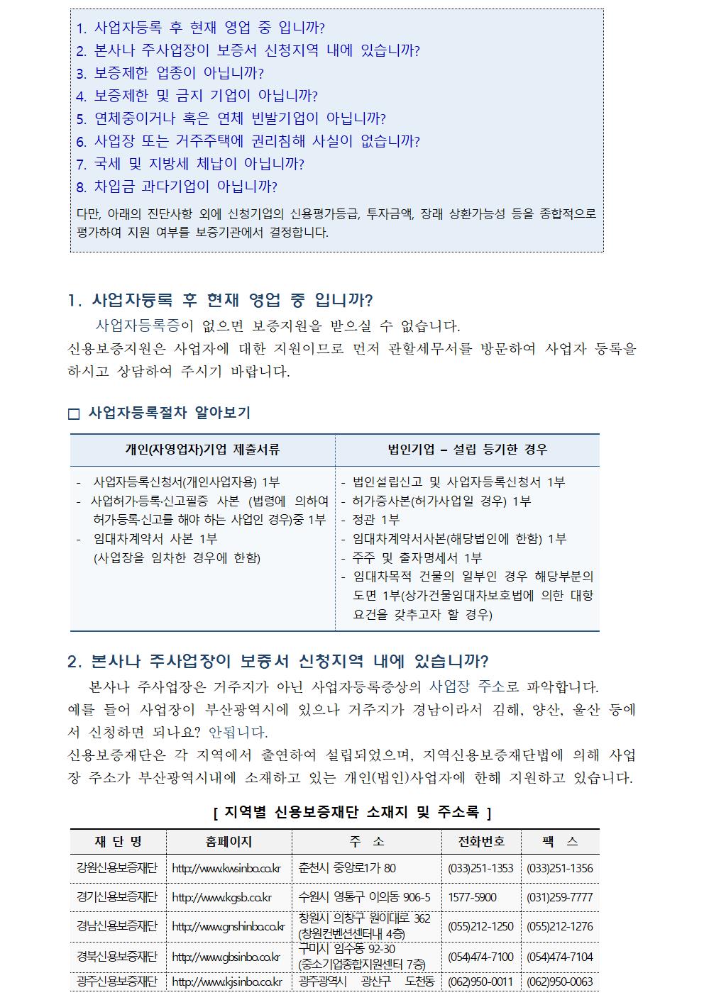 1. 1. 사업자등록 후 현재 영업 중 입니까? 2. 본사나 주사업장이 보증서 신청지역 내에 있습니까? 3. 보증제한 업종이 아닙니까? 4. 보증제한 및 금지 기업이 아닙니까? 5. 연체중이거나 혹은 연체 빈발기업이 아닙니까? 6. 사업장 또는 거주주택에 권리침해 사실이 없습니까? 7. 국세 및 지방세 체납이 아닙니까? 8. 차입금 과다기업이 아닙니까? 다만, 아래의 진단사항 외에 신청기업의 신용평가등급, 투자금액, 장래 상환가능성 등을 종합적으로 평가하여 지원 여부를 보증기관에서 결정합니다. 1. 사업자등록 후 현재 영업 중 입니까? 사업자등록증이 없으면 보증지원을 받으실 수 없습니다. 신용보증지원은 사업자에 대한 지원이므로 먼저 관할세무서를 방문하여 사업자 등록을 하시고 상담하여 주시기 바랍니다. □ 사업자등록절차 알아보기 개인(자영업자)기업 제출서류 법인기업 – 설립 등기한 경우 - 사업자등록신청서(개인사업자용) 1부 - 사업허가·등록·신고필증 사본 (법령에 의하여 허가·등록·신고를 해야 하는 사업인 경우)중 1부 - 임대차계약서 사본 1부 (사업장을 임차한 경우에 한함) - 법인설립신고 및 사업자등록신청서 1부 - 허가증사본(허가사업일 경우) 1부 - 정관 1부 - 임대차계약서사본(해당법인에 한함) 1부 - 주주 및 출자명세서 1부 - 임대차목적 건물의 일부인 경우 해당부분의 도면 1부(상가건물임대차보호법에 의한 대항 요건을 갖추고자 할 경우) 개인(자영업자)기업 제출서류 - 사업자등록신청서(개인사업자용) 1부 - 사업허가·등록·신고필증 사본 (법령에 의하여 허가·등록·신고를 해야 하는 사업인 경우)중 1부 - 임대차계약서 사본 1부 (사업장을 임차한 경우에 한함) 법인기업 – 설립 등기한 경우 - 법인설립신고 및 사업자등록신청서 1부 - 허가증사본(허가사업일 경우) 1부 - 정관 1부 - 임대차계약서사본(해당법인에 한함) 1부 - 주주 및 출자명세서 1부 - 임대차목적 건물의 일부인 경우 해당부분의 도면 1부(상가건물임대차보호법에 의한 대항 요건을 갖추고자 할 경우) 2. 본사나 주사업장이 보증서 신청지역 내에 있습니까? 본사나 주사업장은 거주지가 아닌 사업자등록증상의 사업장 주소로 파악합니다. 예를 들어 사업장이 부산광역시에 있으나 거주지가 경남이라서 김해, 양산, 울산 등에서 신청하면 되나요? 안됩니다. 신용보증재단은 각 지역에서 출연하여 설립되었으며, 지역신용보증재단법에 의해 사업장 주소가 부산광역시내에 소재하고 있는 개인(법인)사업자에 한해 지원하고 있습니다. [ 지역별 신용보증재단 소재지 및 주소록 ] 강원신용보증재단 http://www.kwsinbo.co.kr 춘천시 중앙로1가 80 (033)251-1353 (033)251-1356 경기신용보증재단 http://www.kgsb.co.kr 수원시 영통구 이의동 906-5 1577-5900 (031)259-7777 경남신용보증재단 http://www.gnshinbo.co.kr 창원시 의창구 원이대로 362 (창원컨벤션센터내 4층) (055)212-1250 (055)212-1276 경북신용보증재단 http://www.gbsinbo.co.kr 구미시 임수동 92-30 (중소기업종합지원센터 7층) (054)474-7100 (054)474-7104 광주신용보증재단 http://www.kjsinbo.co.kr 광주광역시 광산구 도천동 621-15 (중소기업종합지원센타 내) (062)950-0011 (062)950-0063 