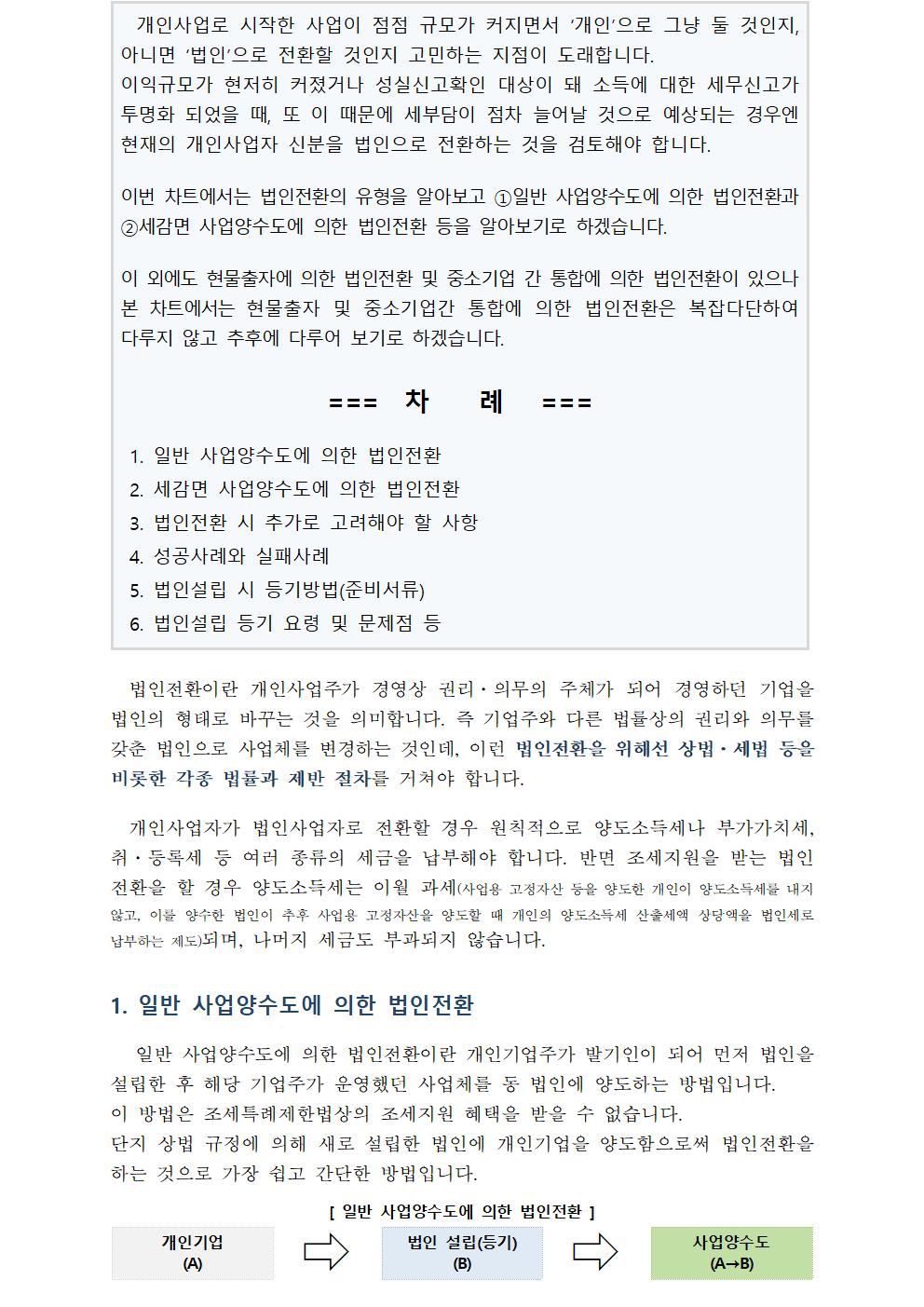 개인사업로 시작한 사업이 점점 규모가 커지면서 ‘개인’으로 그냥 둘 것인지, 아니면 ‘법인’으로 전환할 것인지 고민하는 지점이 도래합니다. 이익규모가 현저히 커졌거나 성실신고확인 대상이 돼 소득에 대한 세무신고가 투명화 되었을 때, 또 이 때문에 세부담이 점차 늘어날 것으로 예상되는 경우엔 현재의 개인사업자 신분을 법인으로 전환하는 것을 검토해야 합니다.이번 차트에서는 법인전환의 유형을 알아보고 ①일반 사업양수도에 의한 법인전환과 ②세감면 사업양수도에 의한 법인전환 등을 알아보기로 하겠습니다. 이 외에도 현물출자에 의한 법인전환 및 중소기업 간 통합에 의한 법인전환이 있으나 본 차트에서는 현물출자 및 중소기업간 통합에 의한 법인전환은 복잡다단하여 다루지 않고 추후에 다루어 보기로 하겠습니다.=== 차 례 === 1. 일반 사업양수도에 의한 법인전환 2. 세감면 사업양수도에 의한 법인전환 3. 법인전환 시 추가로 고려해야 할 사항 4. 성공사례와 실패사례 5. 법인설립 시 등기방법(준비서류) 6. 법인설립 등기 요령 및 문제점 등 법인전환이란 개인사업주가 경영상 권리·의무의 주체가 되어 경영하던 기업을 법인의 형태로 바꾸는 것을 의미합니다. 즉 기업주와 다른 법률상의 권리와 의무를 갖춘 법인으로 사업체를 변경하는 것인데, 이런 법인전환을 위해선 상법·세법 등을 비롯한 각종 법률과 제반 절차를 거쳐야 합니다. 개인사업자가 법인사업자로 전환할 경우 원칙적으로 양도소득세나 부가가치세, 취·등록세 등 여러 종류의 세금을 납부해야 합니다. 반면 조세지원을 받는 법인전환을 할 경우 양도소득세는 이월 과세(사업용 고정자산 등을 양도한 개인이 양도소득세를 내지 않고, 이를 양수한 법인이 추후 사업용 고정자산을 양도할 때 개인의 양도소득세 산출세액 상당액을 법인세로 납부하는 제도)되며, 나머지 세금도 부과되지 않습니다.1. 일반 사업양수도에 의한 법인전환 일반 사업양수도에 의한 법인전환이란 개인기업주가 발기인이 되어 먼저 법인을 설립한 후 해당 기업주가 운영했던 사업체를 동 법인에 양도하는 방법입니다. 이 방법은 조세특례제한법상의 조세지원 혜택을 받을 수 없습니다. 단지 상법 규정에 의해 새로 설립한 법인에 개인기업을 양도함으로써 법인전환을 하는 것으로 가장 쉽고 간단한 방법입니다.[ 일반 사업양수도에 의한 법인전환 ]개인기업(A)법인 설립(등기)(B)사업양수도(A→B)