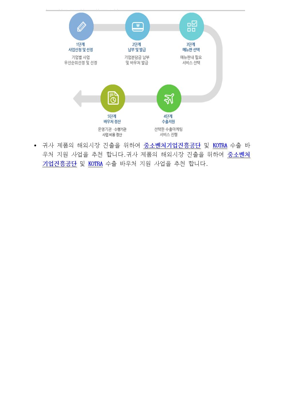 •귀사 제품의 해외시장 진출을 위하여 중소벤처기업진흥공단 및 KOTRA 수출 바우처 지원 사업을 추천 합니다.귀사 제품의 해외시장 진출을 위하여 중소벤처기업진흥공단 및 KOTRA 수출 바우처 지원 사업을 추천 합니다.