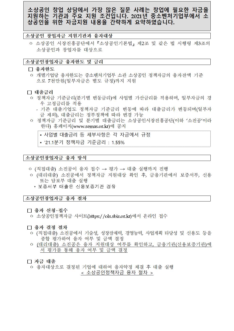 소상공인 창업 상담에서 가장 많은 질문 사례는 창업에 필요한 자금을 지원하는 기관과 주요 지원 조건입니다. 2021년 중소벤처기업부에서 소상공인을 위한 자금지원 내용을 간략하게 요약하였습니다. 소상공인 창업자금 지원기관과 융자대상ㅇ 소상공인 시장진흥공단에서『소상공인기본법』제2조 및 같은 법 시행령 제3조의 소상공인과 창업자를 대상으로 □ 융자한도 ㅇ 개별기업당 융자한도는 중소벤처기업부 소관 소상공인 정책자금의 융자잔액 기준으로 7천만원(일부자금은 별도 규정)까지 지원 □ 대출금리 ㅇ 정책자금 기준금리(분기별 변동금리)에 사업별 가산금리를 적용하며, 일부자금의 경우 고정금리를 적용 - 기존 대출기업도 정책자금 기준금리 변동에 따라 대출금리가 변동되며(일부자금 제외), 대출금리는 정부정책에 따라 변경 가능ㅇ 정책자금 기준금리 및 분기별 대출금리는 소상공인시장진흥공단(이하 ‘소진공’이라 한다) 홈페이지(www.semas.or.kr)에 공지 사업별 대출금리 등 세부사항은 각 자금에서 규정 21.1분기 정책자금 기준금리 : 1.55% 소상공인창업자금 융자 방식 ㅇ (직접대출) 소진공이 융자 접수 → 평가 → 대출 실행까지 진행 ㅇ (대리대출) 소진공에서 정책자금 지원대상 확인 후, 금융기관에서 보증서부, 신용 또는 담보부 대출 실행* 보증서부 대출은 신용보증기관 경유소상공인창업자금 융자 절차 □ 융자 신청접수 ㅇ 소상공인정책자금 사이트(https://ols.sbiz.or.kr)에서 온라인 접수 □ 융자 결정 절차 ㅇ (직접대출) 소진공에서 기술성, 성장잠재력, 경영능력, 사업계획 타당성 및 신용도 등을 종합 평가하여 융자 여부 및 금액 결정 ㅇ (대리대출) 소진공은 융자 지원대상 여부를 확인하고, 금융기관(신용보증기관)에서 평가를 통해 융자 여부 및 금액 결정 □ 자금 대출 ㅇ 융자대상으로 결정된 기업에 대하여 융자약정 체결 후 대출 실행< 소상공인정책자금 융자 절차 >