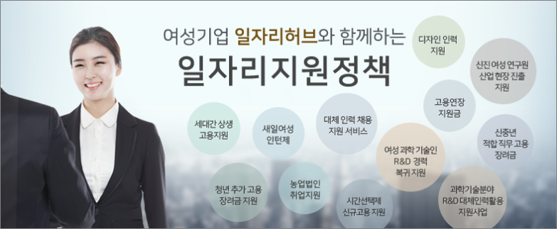 여성기업 일자리허브와 함께하는 일자리지원정책   세대간 상생 고용지원, 새일여성 인턴제, 청년 추가 고용 장려금 지원, 농업법인 취업지원, 대체 인력 채용 지원 서비스, 시간선택제 신규고용 지원, 여성과학기술인 R&D 경력 복귀 지원, 고용연장 지원금, 디자인 인력 지원, 신진 여성 연구원 산업 현장 진출 지원, 신중년 적합 직무 고용 장려금, 과학기술분야 R&D 대체인력활용 지원사업