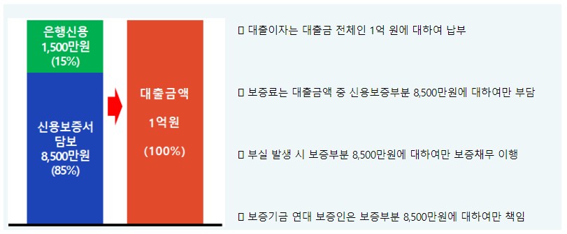  대출이자는 대출금 전체인 1억 원에 대하여 납부  보증료는 대출금액 중 신용보증부분 8,500만원에 대하여만 부담  부실 발생 시 보증부분 8,500만원에 대하여만 보증채무 이행  보증기금 연대 보증인은 보증부분 8,500만원에 대하여만 책임