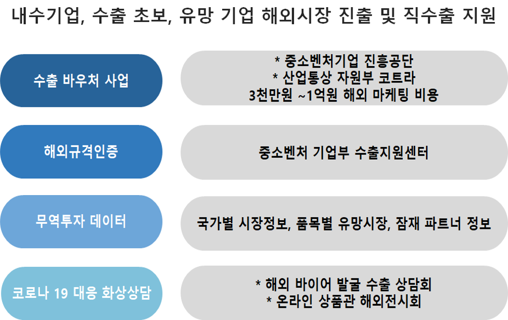 내수기업, 수출초보, 유망기업 해외시장 진출 및 직수출 지원