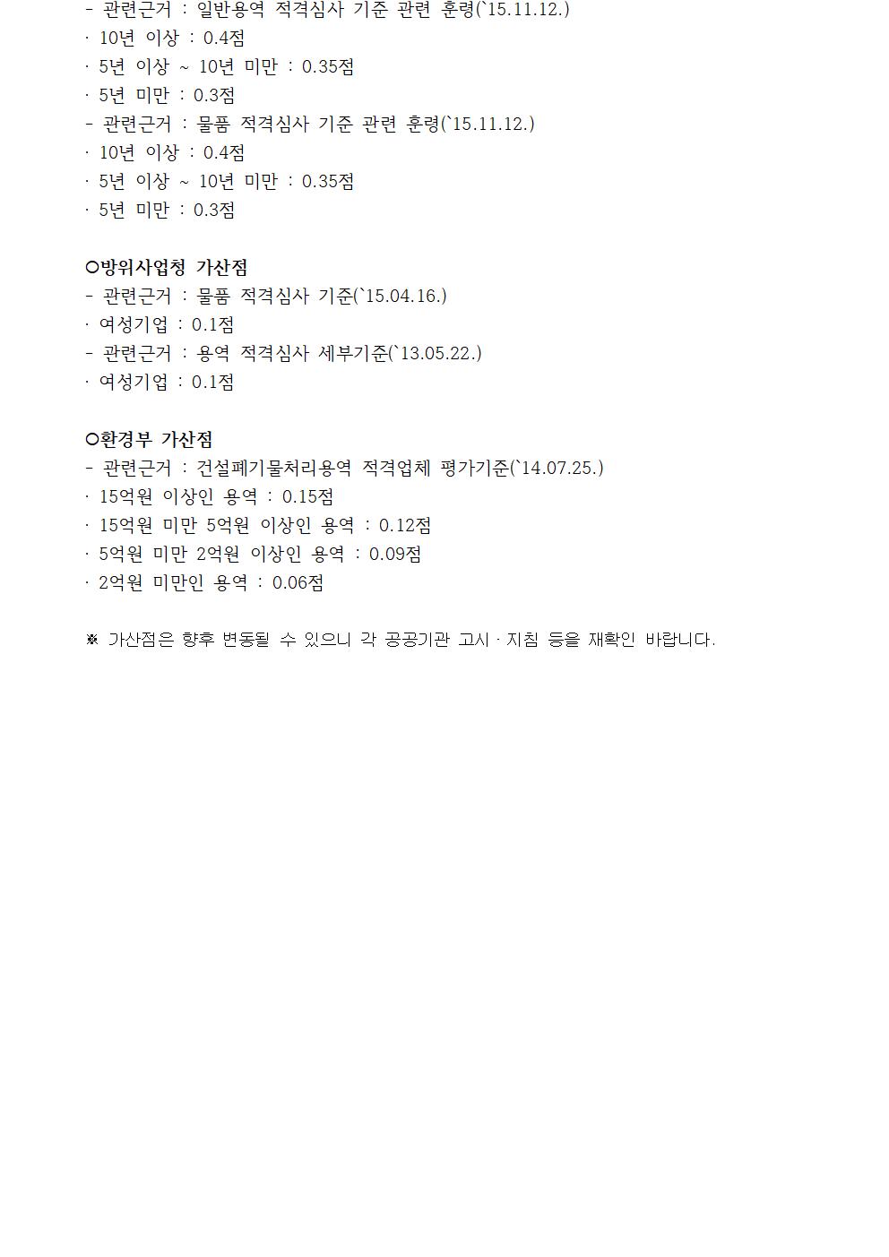 - 관련근거 : 일반용역 적격심사 기준 관련 훈령(`15.11.12.)· 10년 이상 : 0.4점· 5년 이상 ~ 10년 미만 : 0.35점· 5년 미만 : 0.3점- 관련근거 : 물품 적격심사 기준 관련 훈령(`15.11.12.)· 10년 이상 : 0.4점· 5년 이상 ~ 10년 미만 : 0.35점· 5년 미만 : 0.3점 방위사업청 가산점- 관련근거 : 물품 적격심사 기준(`15.04.16.)· 여성기업 : 0.1점- 관련근거 : 용역 적격심사 세부기준(`13.05.22.)· 여성기업 : 0.1점 환경부 가산점- 관련근거 : 건설폐기물처리용역 적격업체 평가기준(`14.07.25.)· 15억원 이상인 용역 : 0.15점· 15억원 미만 5억원 이상인 용역 : 0.12점· 5억원 미만 2억원 이상인 용역 : 0.09점· 2억원 미만인 용역 : 0.06점※ 가산점은 향후 변동될 수 있으니 각 공공기관 고시·지침 등을 재확인 바랍니다.