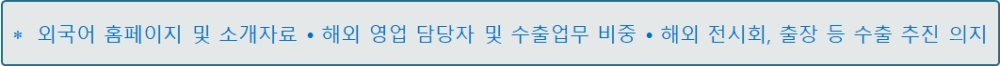 external_image 외국어 홈페이지 및 소개자료 • 해외 영업 담당자 및 수출업무 비중 • 해외 전시회, 출장 등 수출 추진 의지