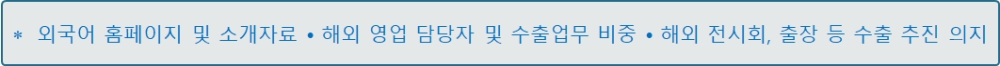 외국어 홈페이지 및 소개자료 • 해외 영업 담당자 및 수출업무 비중 • 해외 전시회, 출장 등 수출 추진 의지