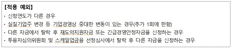 [적용 예외] 신청연도가 다른 경우 실질기업주 변경 등 기업경영상 중대한 변동이 있는 경우(추가 1회에 한함) 다른 자금에서 탈락 후 재도약지원자금 또는 긴급경영안정자금을 신청하는 경우 투융자심의위원회 및 스케일업금융 선정심사에서 탈락 후 다른 자금을 신청하는 경우