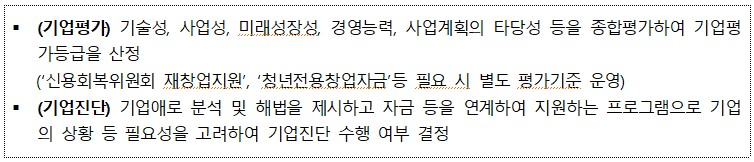 (기업평가) 기술성, 사업성, 미래성장성, 경영능력, 사업계획의 타당성 등을 종합평가하여 기업평 가등급을 산정 ('신용회복위원회 재창업지원', '청년전용창업자금 등 필요 시 별도 평가기준 운영) (기업진단) 기업애로 분석 및 해법을 제시하고 자금 등을 연계하여 지원하는 프로그램으로 기업 의 상황 등 필요성을 고려하여 기업진단 수행 여부 결정 