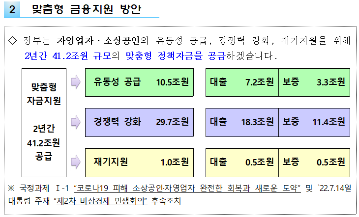 2 맞춤형 금융지원 방안 정부는 자영업자. 소상공인의 유동성 공급, 경쟁력 강화, 재기지원을 위해 2년간 41.2조원 규모의 맞춤형 정책자금을 공급하겠습니다. 맞춤형자금지원 유동성 공급 10.5조원 대출 7.2조원 보증 3.3조원 2년간 41.2조원 공급 경쟁력 강화 29.7조원 대출 18.3조원 보증 11.4조원 재기지원 1.0조원 대출 0.5조원 보증 0.5조원 ※ 국정과제 I-1 코로나19 피해 소상공인·자영업자 완전한 회복과 새로운 도약 및 22.7.14일 대통령 주재 제2차 비상경제 민생회의 후속조치