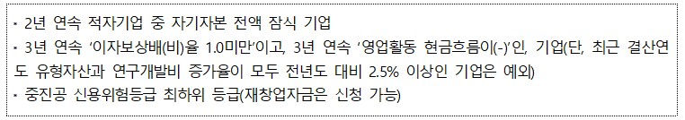1 2년 연속 적자기업 중 자기자본 전액 잠식 기업 3년 연속 '이자보상배(비)을 1.0미만'이고, 3년 연속 '영업활동 현금흐름이(-)'인, 기업(단, 최근 결산연 도 유형자산과 연구개발비 증가율이 모두 전년도 대비 2.5% 이상인 기업은 예외) 중진공 신용위험등급 최하위 등급(재창업자금은 신청 가능)