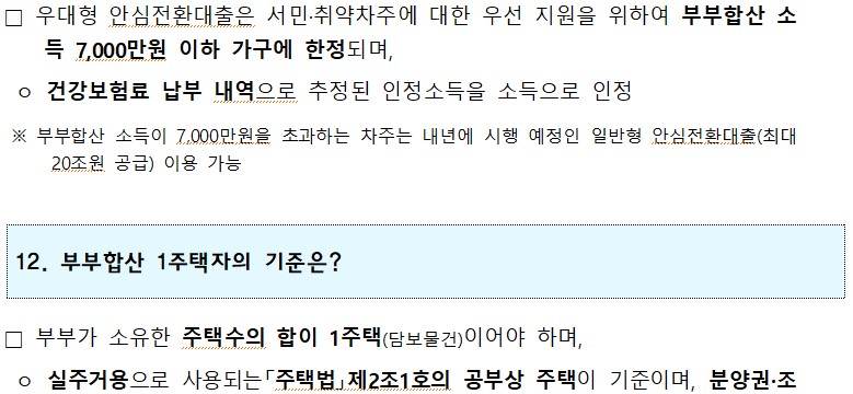 □ 우대형 안심전환대출은 서민·취약차주에 대한 우선 지원을 위하여 부부합산 소 득 7,000만원 이하 가구에 한정되며, ○ 건강보험료 납부 내역으로 추정된 인정소득을 소득으로 인정 ※ 부부합산 소득이 7,000만원을 초과하는 차주는 내년에 시행 예정인 일반형 안심전환대출(최대 20조원 공급) 이용 가능 12. 부부합산 1주택자의 기준은? □ 부부가 소유한 주택수의 합이 1주택(담보물건)이어야 하며, ○ 실주거용으로 사용되는 「주택법」 제2조1호의 공부상 주택이 기준이며, 분양권·조 