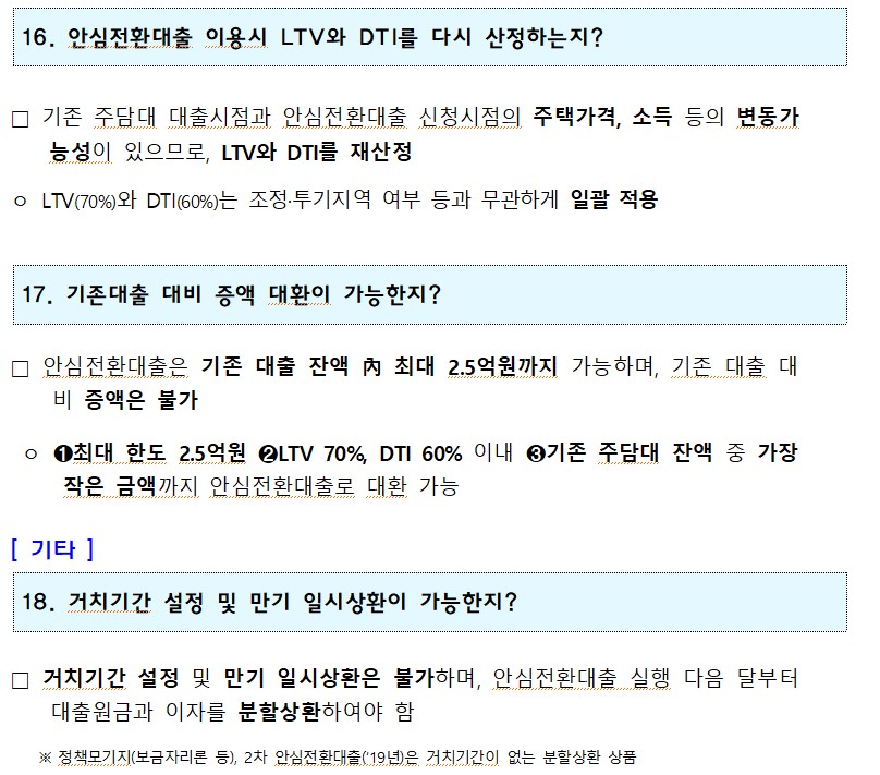 16. 안심전환대출 이용시 LTV와 DTI를 다시 산정하는지? □ 기존 주담대 대출시점과 안심전환대출 신청시점의 주택가격, 소득 등의 변동가 능성이 있으므로, LTV와 DTI를 재산정 ᄋ LTV(70%)와 DTI(60%)는 조정·투기지역 여부 등과 무관하게 일괄 적용 17. 기존대출 대비 증액 대환이 가능한지? □ 안심전환대출은 기존 대출 잔액 內 최대 2.5억원까지 가능하며, 기존 대출 대 비 증액은 불가 o 최대 한도 2.5억원 2LTV 70%, DTI 60% 이내 기존 주담대 잔액 중 가장 작은 금액까지 안심전환대출로 대환 가능 [기타] 18. 거치기간 설정 및 만기 일시상환이 가능한지? 거치기간 설정 및 만기 일시상환은 불가하며, 안심전환대출 실행 다음 달부터 대출원금과 이자를 분할상환하여야 함 ※정책모기지(보금자리론 등), 2차 안심전환대출('19년)은 거치기간이 없는 분할상환 상품 