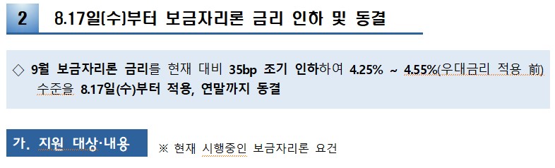 2 8.17일[수]부터 보금자리론 금리 인하 및 동결 ◇ 9월 보금자리론 금리를 현재 대비 35bp 조기 인하하여 4.25% ~ 4.55%(우대금리 적용 前) 수준을 8.17일(수)부터 적용, 연말까지 동결 가. 지원 대상·내용 ※ 현재 시행중인 보금자리론 요건 