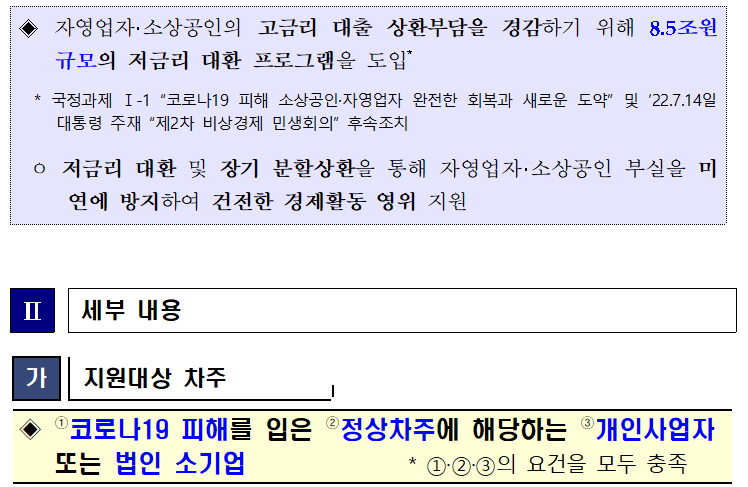 자영업자·소상공인의 고금리 대출 상환부담을 경감하기 위해 8.5조원 규모의 저금리 대환 프로그램을 도입 국정과제 I-1 코로나19 피해 소상공인·자영업자 완전한 회복과 새로운 도약 및 22.7.14일 대통령 주재 제2차 비상경제 민생회의 후속조치 저금리 대환 및 장기 분할상환을 통해 자영업자·소상공인 부실을 미연에 방지하여 건전한 경제활동 영위 지원 2 세부 내용 가 지원대상 차주 코로나19 피해를 입은 정상차주에 해당하는 개인사업자 또는 법인 소기업 123의 요건을 모두 충족