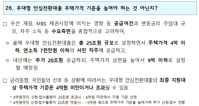 1 26. 우대형 안심전환대출 주택가격 기준을 높여야 하는 것 아닌지? □ 우선 재원, MBS 채권시장에 미치는 영향 등 공급여건과 변동금리 주담대 규 모, 차주 소득 등 수요측면을 종합적으로 고려하여, ᄋ 올해 우대형 안심전환대출은 총 25조원 규모로 설정하면서 주택가격 4억 이 하, 연소득 7천만원 이하의 서민 차주에 공급하고, o 내년에는 추가 20조원 공급하되, 주택가격 상한을 높여서 9억 이하로 설정 할 예정임 * 금리동향, 국민들의 선호 등 상황에 따라서는, 우대형 안심전환대출의 최종 지원대 상 주택가격 기준은 4억원 미만이거나 초과될 수 있음 4억원까지 신청·접수물량이 25조원 초과시 : 4억원 미만에서 지원 기준 선정 *4억원까지 신청·접수물량이 25조원 미달시 : ~5억원 등으로 주택가격 기준을 높여가며 추가 신청·접수 진행