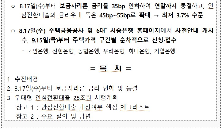 1 o 8.17일(수)부터 보금자리론 금리를 35bp 인하하여 연말까지 동결하고, 안 최저 3.7% 수준 심전환대출의 금리우대 폭은 45bp~55bp로 확대 → o 8.17일(수) 주택금융공사 및 6대 시중은행 홈페이지에서 사전안내 개시 후, 9.15일(목)부터 주택가격 구간별 순차적으로 신청·접수 * 국민은행, 신한은행, 농협은행, 우리은행, 하나은행, 기업은행 =목차 = 1. 추진배경 2. 8.17일(수)부터 보금자리론 금리 인하 및 동결 3. 우대형 안심전환대출 25조원 시행계획 참고 1: 안심전환대출 대상여부 핵심 체크리스트 참고 2: 주요 질의 및 답변