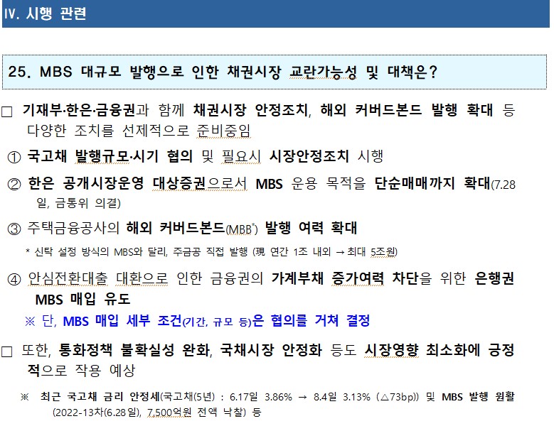 IV. 시행 관련 25. MBS 대규모 발행으로 인한 채권시장 교란가능성 및 대책은? □ 기재부·한은 금융권과 함께 채권시장 안정조치, 해외 커버드본드 발행 확대 등 다양한 조치를 선제적으로 준비중임 1 국고채 발행규모·시기 협의 및 필요시 시장안정조치 시행 mu 2 한은 공개시장운영 대상증권으로서 MBS 운용 목적을 단순매매까지 확대(7.28 일, 금통위 의결) 3 주택금융공사의 해외 커버드본드(MBB) 발행 여력 확대 * 신탁 설정 방식의 MBS와 달리, 주금공 직접 발행(現 연간 1조 내외 → ・최대 5조원) 4 안심전환대출 대환으로 인한 금융권의 가계부채 증가여력 차단을 위한 은행권 MBS 매입 유도 ※ 단, MBS 매입 세부 조건(기간, 규모 등)은 협의를 거쳐 결정 □ 또한, 통화정책 불확실성 완화, 국채시장 안정화 등도 시장영향 최소화에 긍정 적으로 작용 예상 ※ 최근 국고채 금리 안정세(국고채(5년) : 6.17일 3.86% (2022-13차(6.28일), 7,500억원 전액 낙찰) 등 → 8.4일 3.13% (△73bp)) 및 MBS 발행 원활 