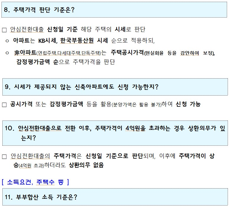 8. 주택가격 판단 기준은? □ 안심전환대출 신청일 기준 해당 주택의 시세로 판단 ᄋ 아파트는 KB시세, 한국부동산원 시세 순으로 적용하되, o 非아파트(연립주택,다세대주택, 단독주택)는 주택공시가격(현실화율 등을 감안하여 보정), 감정평가금액 순으로 주택가격을 판단 9. 시세가 제공되지 않는 신축아파트에도 신청 가능한지? □ 공시가격 또는 감정평가금액 등을 활용(분양가액은 활용 불가)하여 신청 가능 10. 안심전환대출으로 전환 이후, 주택가격이 4억원을 초과하는 경우 상환의무가 있 는지? □ 안심전환대출의 주택가격은 신청일 기준으로 판단되며, 이후에 주택가격이 상 승(4억원 초과)하더라도 상환의무 없음 [ 소득요건, 주택수 등] 11. 부부합산 소득 기준은? 