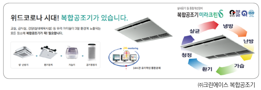 external_image 위드코로나 시대! 복합공조기가 있습니다. 교실 급식실, 강당(실내체육시설) 등 우리 아이들이 3일 환경에 노출되는 모든 장소에 복합공조기가 꼭! 필요합니다. 실내공기질 종합개선비 복합공조기미라크린 복합공조기 미라크린 냉·난방기 환기장치 가습기 공기청정기 24시간 유기적인 통합관제 냉방 살균 난방 청정 가습 환기 (주)크린에이스 복합공조기