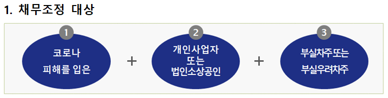 external_image 1. 채무조정 대상 1코로나 피해를 입은 + 2 개인사업자 또는 법인소상공인 +3부실차주또는 부실우려차주