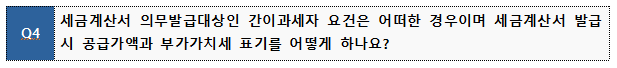 Q4 세금계산서 의무발급대상인 간이과세자 요건은 어떠한 경우이며 세금계산서 발급시 공급가액과 부가가치세 표기를 어떻게 하나요?