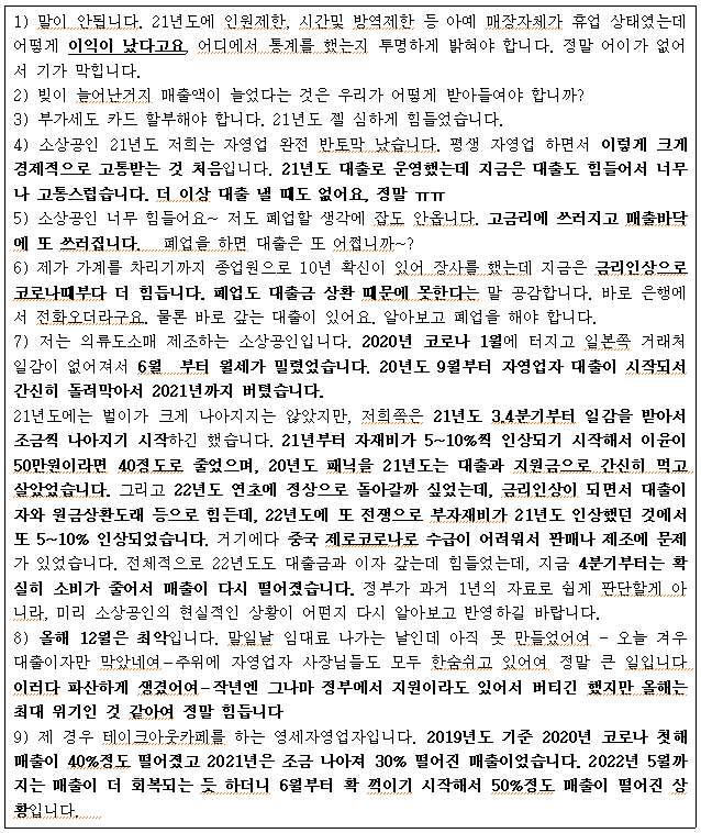 1) 말이 안됩니다. 21년도에 인원제한, 시간및 방역제한 등 아예 매장자체가 휴업 상태였는데 어떻게 이익이 났다고요 어디에서 통계를 했는지 투명하게 밝혀야 합니다. 정말 어이가 없어 서 기가 막힙니다. 2) 빛이 늘어난거지 매출액이 늘었다는 것은 우리가 어떻게 받아들여야 합니까? 3) 부가세도 카드 할부해야 합니다. 21년도 젤 심하게 힘들었습니다. 4) 소상공인 21년도 저희는 자영업 완전 반토막 났습니다. 평생 자영업 하면서 이렇게 크게 경제적으로 고통받는 것 처음입니다. 21년도 대출로 운영했는데 지금은 대출도 힘들어서 너무 나 고통스럽습니다. 더 이상 대출 낼 때도 없어요, 정말 ᅲᅲ 5) 소상공인 너무 힘들어요~ 저도 폐업할 생각에 잡도 안옵니다. 고금리에 쓰러지고 매출바닥 에 또 쓰러집니다.! 폐업을 하면 대출은 또 어쩝니까~? 6) 제가 가계를 차리기까지 종업원으로 10년 확신이 있어 장사를 했는데 지금은 금리인상으로 코로나때부다 더 힘듭니다. 폐업도 대출금 상환 때문에 못한다는 말 공감합니다. 바로 은행에 서 전화오더라구요. 물론 바로 갚는 대출이 있어요. 알아보고 폐업을 해야 합니다. 7) 저는 의류도소매 제조하는 소상공인입니다. 2020년 코로나 1월에 터지고 일본쪽 거래처 일감이 없어져서 6월 부터 월세가 밀렸었습니다. 20년도 9월부터 자영업자 대출이 시작되서 간신히 돌려막아서 2021년까지 버텼습니다. 21년도에는 벌이가 크게 나아지지는 않았지만, 저희쪽은 21년도 3.4분기부터 일감을 받아서 조금씩 나아지기 시작하긴 했습니다. 21년부터 자재비가 5~10% 인상되기 시작해서 이윤이 50만원이라면 40정도로 줄었으며, 20년도 패닉을 21년도는 대출과 지원금으로 간신히 먹고 살았었습니다. 그리고 22년도 연초에 정상으로 돌아갈까 싶었는데, 금리인상이 되면서 대출이 자와 원금상환도래 등으로 힘든데, 22년도에 또 전쟁으로 부자재비가 21년도 인상했던 것에서 또 5~10% 인상되었습니다. 거기에다 중국 제로코로나로 수급이 어려워서 판매나 제조에 문제 가 있었습니다. 전체적으로 22년도도 대출금과 이자 갚는데 힘들었는데, 지금 4분기부터는 확 실히 소비가 줄어서 매출이 다시 떨어졌습니다. 정부가 과거 1년의 자료로 쉽게 판단할게 아 니라, 미리 소상공인의 현실적인 상황이 어떤지 다시 알아보고 반영하길 바랍니다. - 8) 올해 12월은 최악입니다. 말일날 임대료 나가는 날인데 아직 못 만들었어여 오늘 겨우 대출이자만 말았네여-주위에 자영업자 사장님들도 모두 한숨쉬고 있어여 정말 큰 일입니다. 이러다 파산하게 생겼어여 - 작년엔 그나마 정부에서 지원이라도 있어서 버티긴 했지만 올해는 최대 위기인 것 같아여 정말 힘듭니다 9) 제 경우 테이크아웃카페를 하는 영세자영업자입니다. 2019년도 기준 2020년 코로나 첫해 매출이 40%정도 떨어졌고 2021년은 조금 나아져 30% 떨어진 매출이었습니다. 2022년 5월까 지는 매출이 더 회복되는 듯 하더니 6월부터 확 꺽이기 시작해서 50%정도 매출이 떨어진 상 황입니다 