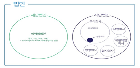 법인 ・재단법인 사단법인 주식회사 유한회사 비영리법인 종교 학술 그 밖의 비영리적 목적에 따라 운영되는 법인 합명회사 합자회사) 유한책임 회사 