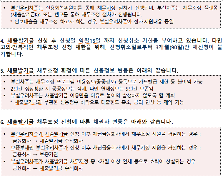 부실우려차주는 신용회복위원회를 통해 채무저정 절차가 진행되며, 부실차주는 채무조정 플랫폼 (새출발기금kr) 또는 캠코를 통해 채무조정 절차가 진행됩니다. * 담보대출을 채무조정 하고자 하는 경우, 부실우려차주와 절차 지원내용 동일 4. 새출발기금 신청 후 신청일 익월15일 까지 신청취소 기한을 부여하고 있습니다. 다만 고의·반복적인 채무조정 신청 제한을 위해, 신청취소일로부터 3개월(90일)간 재신청이 불 가합니다. 5. 새출발기금 채무조정 확정에 따른 신용정보 변동은 아래와 같습니다. 부실차주는 채무조정 프로그램 이용정보(공공정보) 등록으로 카드발급 제한 등 불이익 가능 2년간 정상황환 시 공공정보는 삭제, 다만 연체정보는 5년간 보존됨 부실우려차주는 새출발기금 이용만을 이유로 불이익 발생하지 않도록 할 계획 * 새출발기금과 무관한 신용점수 하락으로 대출한도 축소, 금리 인상 등 제약 가능 6. 새출발기금 채무조정 신청에 따른 채권자 변동은 아래와 같습니다. • 부실우려차주가 새출발기금 신청 이후 채권금융회사에서 채무조정 지원을 거절하는 경우 : 금융회사 → 새출발기금 주식회사 보증부채권 부실우려차주가 신청 이후 채권금융회사에서 채무저정 지원을 거절하는 경우 : 금융회사 → 보증기관 부실우려차주가 새출발기금 채무저정 중 3개월 이상 연체 등으로 효력이 상실되는 경우 : 금융회사 → 새출발기금 주식회사 