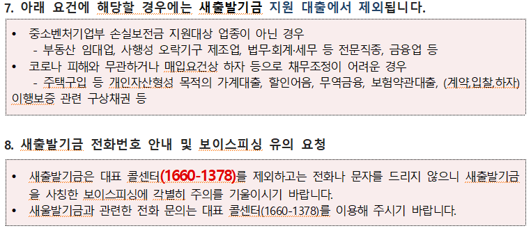 7. 아래 요건에 해당할 경우에는 새출발기금 지원 대출에서 제외됩니다. 중소벤처기업부 손실보전금 지원대상 업종이 아닌 경우 - 부동산 임대업, 사행성 오락기구 제조업, 법무회계·세무 등 전문직종, 금융업 등 코로나 피해와 무관하거나 매입요건상 하자 등으로 채무조정이 어려운 경우 주택구입 등 개인자산형성 목적의 가계대출, 할인어음, 무역금융, 보험약관대출, (계약입찰하자) 이행보증 관련 구상채권 등 8. 새출발기금 전화번호 안내 및 보이스피싱 유의 요청 • 새출발기금은 대표 콜센터(1660-1378)를 제외하고는 전화나 문자를 드리지 않으니 새출발기금 을 사칭한 보이스피싱에 각별히 주의를 기울이시기 바랍니다. 새울발기금과 관련한 전화 문의는 대표 콜센터(1660-1378)를 이용해 주시기 바랍니다. 