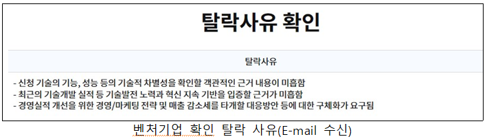 탈락사유 확인 탈락사유 - 신청기술의 기능, 성능 등의 기술적 차별성을 확인할 객관적인 근거 내용이 미흡함 -최근의 기술개발 실적 등 기술발전 노력과 혁신 지속 기반을 입증할 근거가 미흡함 -경영실적 개선을 위한 경영/마케팅 전략 및 매출 감소세를 타개할 대응방안 등에 대한 구체화가 요구됨 벤처기업 확인 탈락 사유(E-mail 수신) 